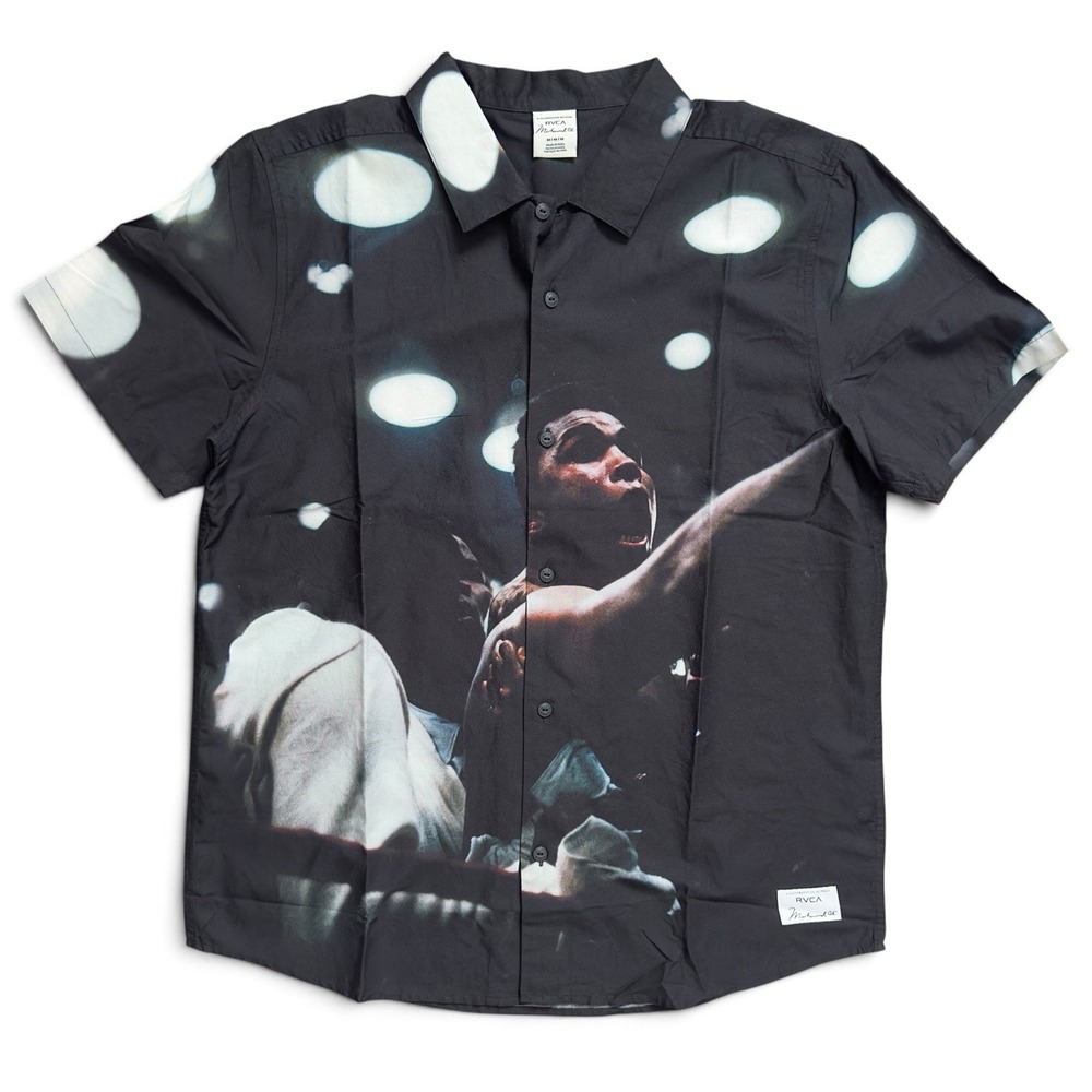 RVCA x Ali Rumble‎ Men's Short Sleeve Button Down Shirt Black Boxer Print Size M